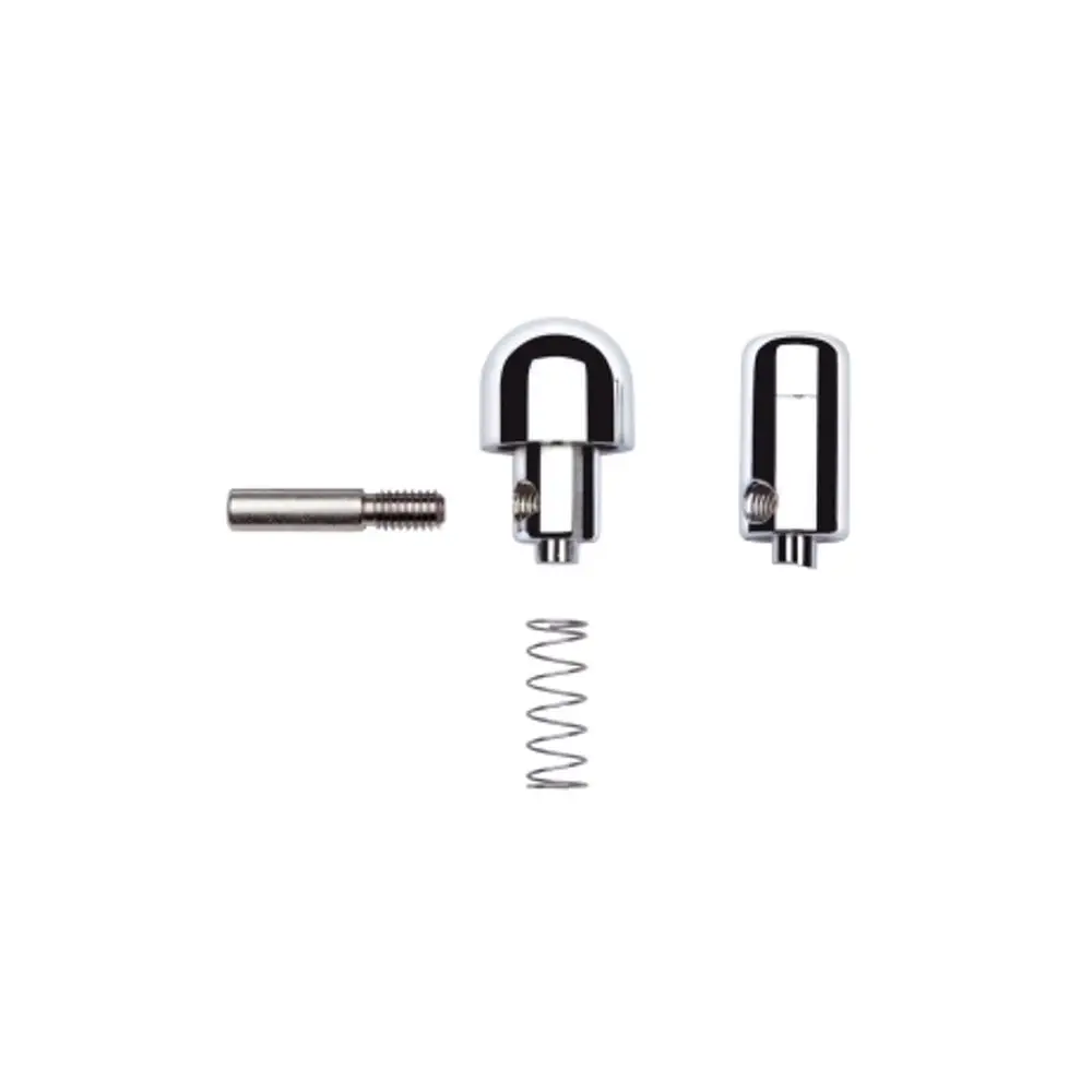 Vergangenheit zeigt mehrere chromfarbene Teile eines Thermostatgriffs, einschließlich eines Knopfes, einer Feder und eines Gewindeteils. Teile scheinen zur Installation in ein Badezimmer geeignet zu sein. Hansgrohe.